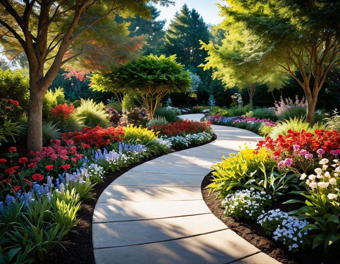A soothing pathway winding through a tranquil garden filled with vibrant flowers symbolizing hope, with a diverse group of healthcare professionals sharing insights in a warm discussion. Soft sunlight filters through the trees, casting gentle shadows, and a ribbon of path extends towards a comforting support group gathering, reflective of strength and unity. Illustrate with a calming color palette and a hint of optimism. super-realistic. vibrant colors. soft focus.