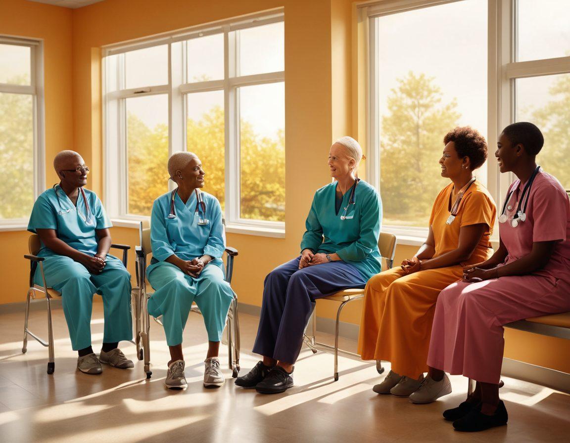 A hopeful and inspirational scene depicting a diverse group of patients in a bright, welcoming healthcare environment, engaging with compassionate medical advocates. Illustrate a mix of advanced cancer therapy tools and educational materials in the background, symbolizing empowerment through knowledge. Include warm colors to convey positivity and hope, with soft light filtering through windows. super-realistic. vibrant colors. uplifting atmosphere.